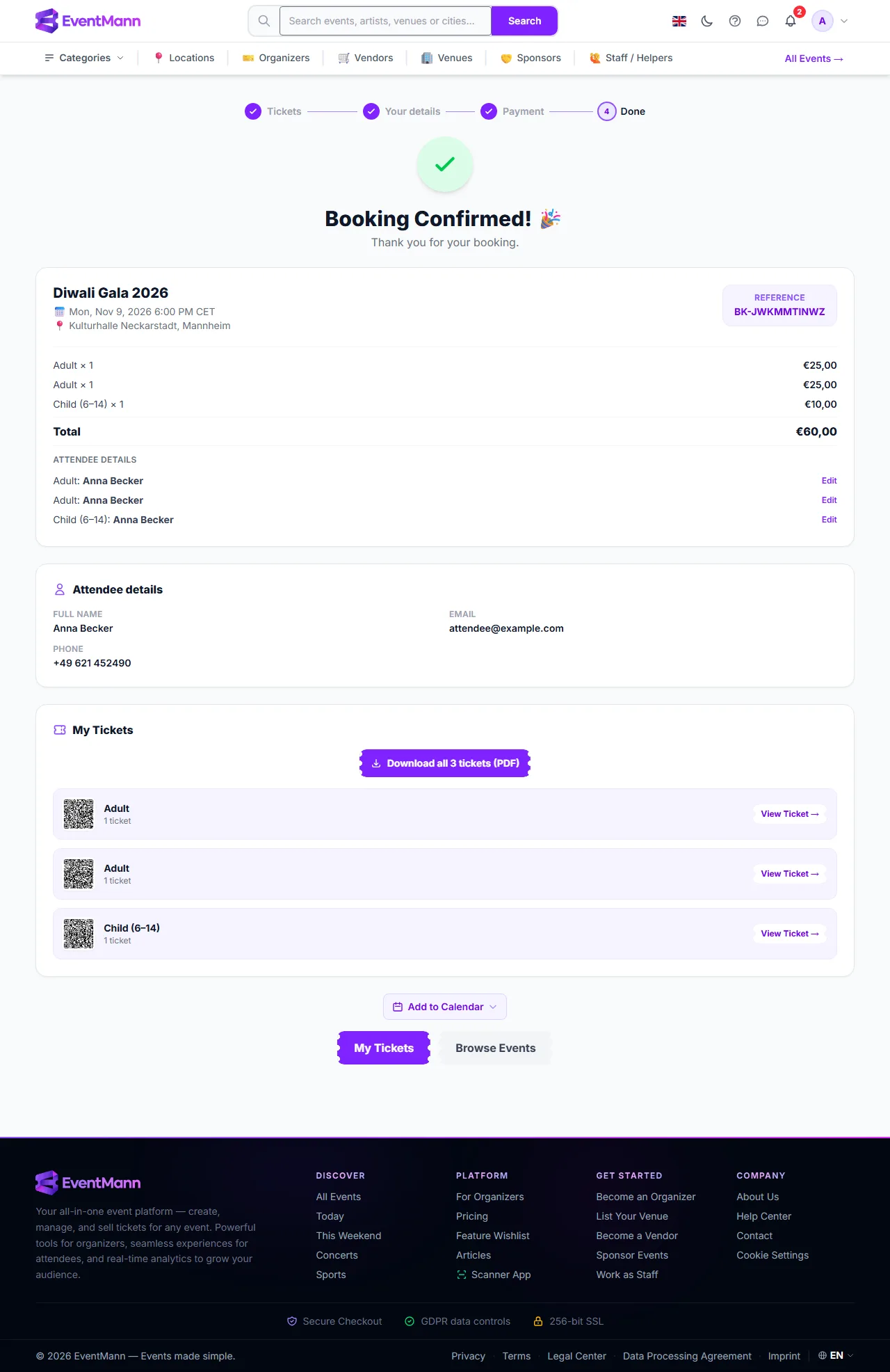 The Booking Confirmed page with order summary, attendee names, ticket download and calendar button