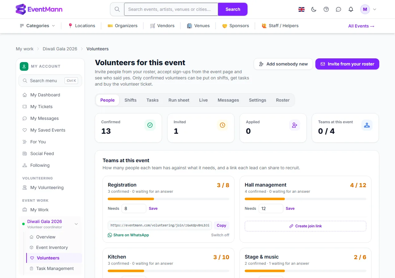 The Volunteers page as a coordinator sees it: only the event they coordinate