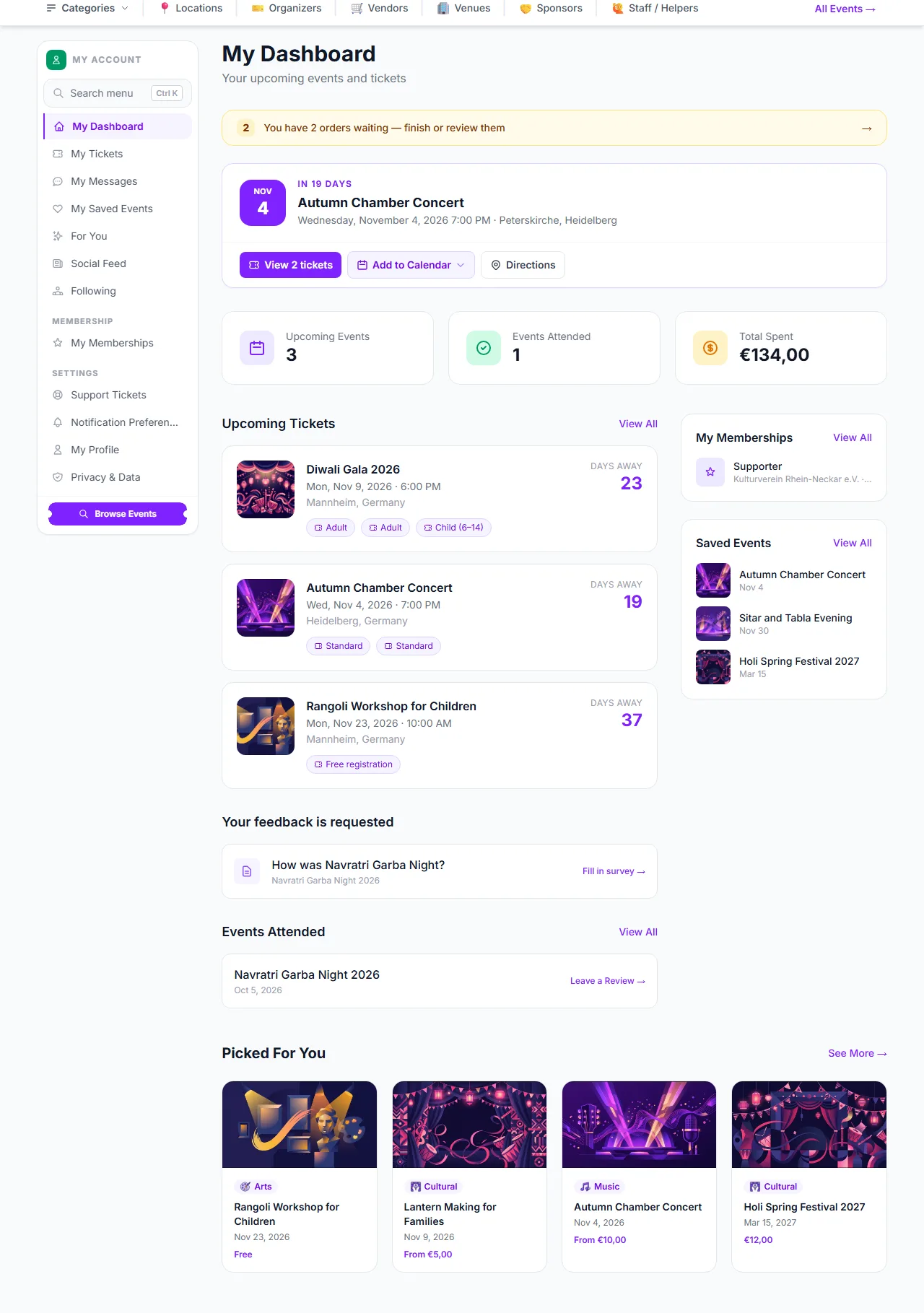 The attendee dashboard: orders waiting, next event, totals, tickets, survey, memberships and saved events