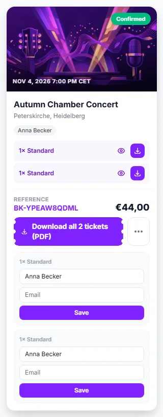 The attendee details forms opened on an order, one name and email per ticket