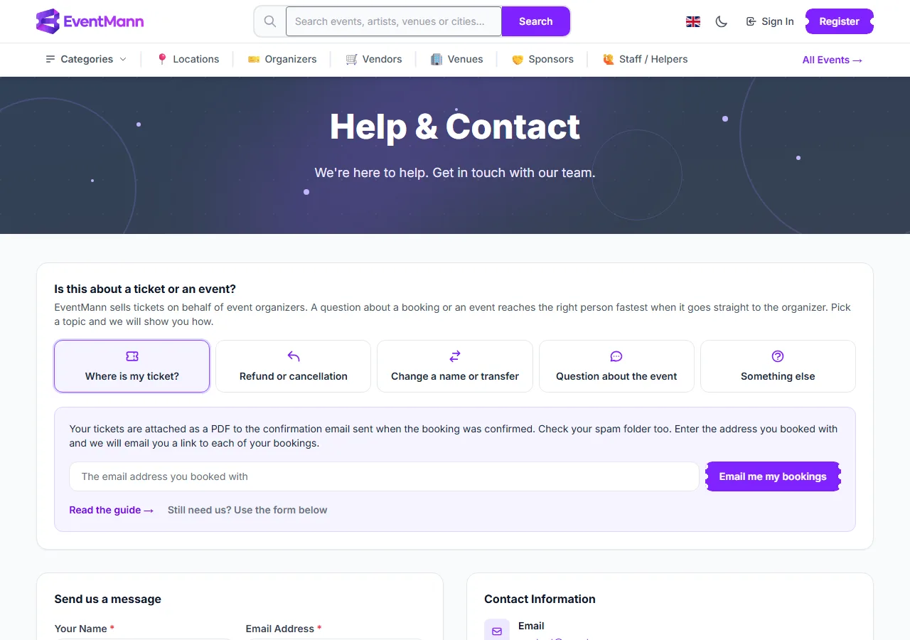 The Where is my ticket? topic on the Help & Contact page with the Email me my bookings form