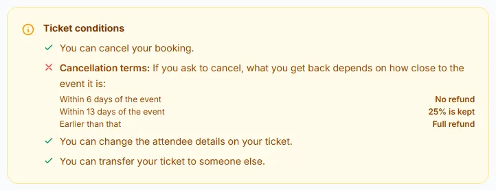 The Ticket conditions box with a cancellation schedule, editing and transfer rules