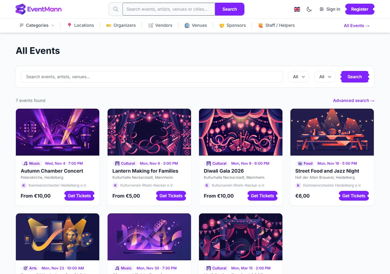 The Events page with a search box, category and date filters and event cards