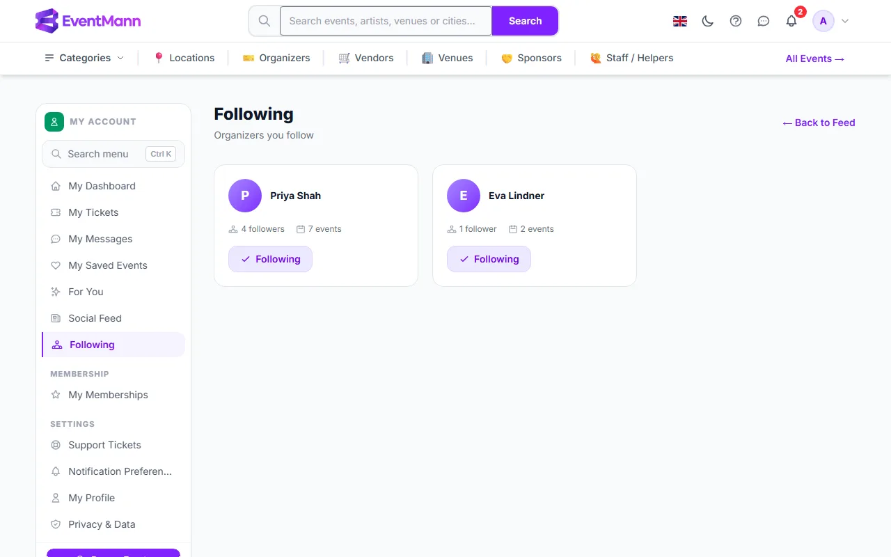The Following page with two followed organizers, their follower and event counts, and a Following button on each