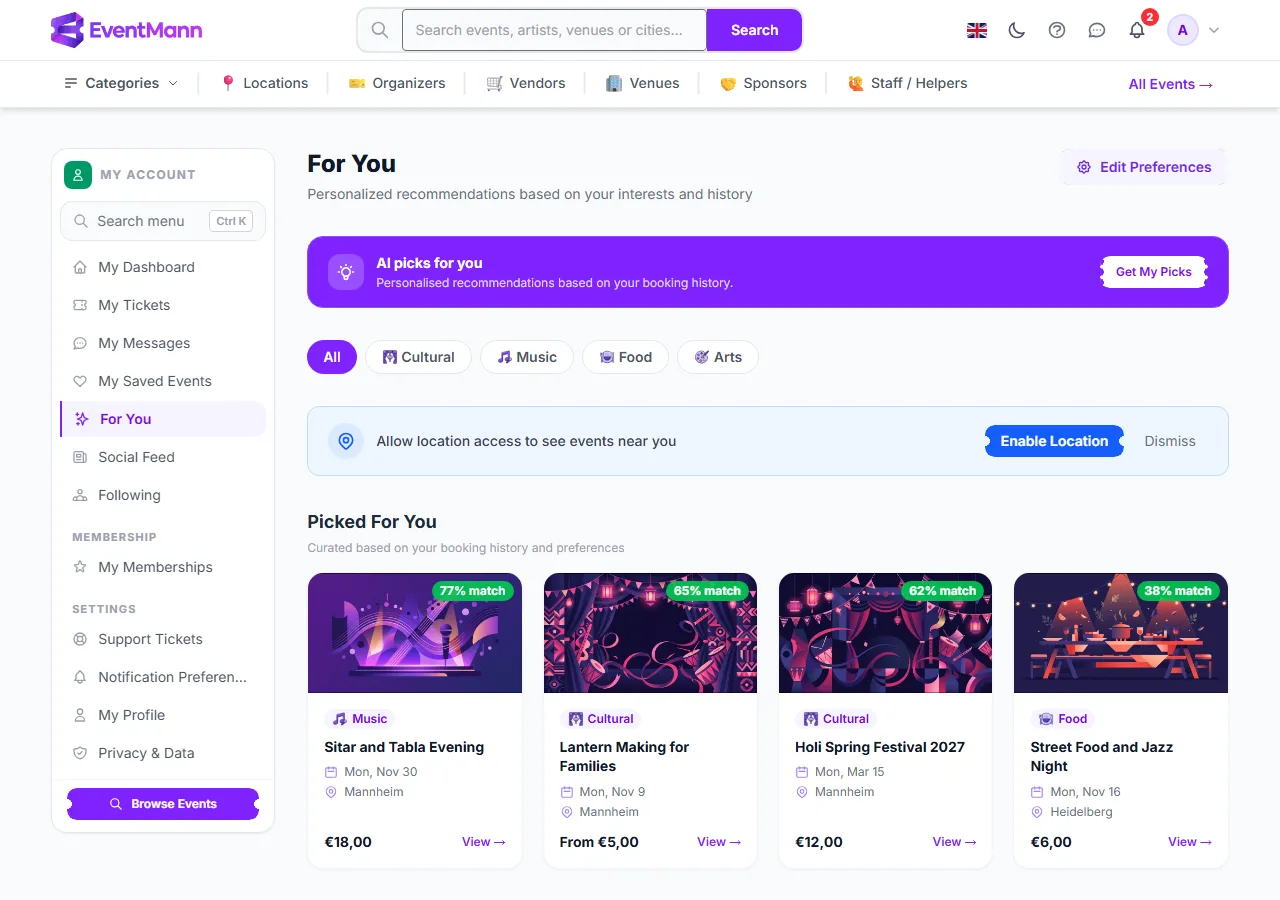 The For You page with the AI picks banner, category chips, a location prompt and events with a match percentage