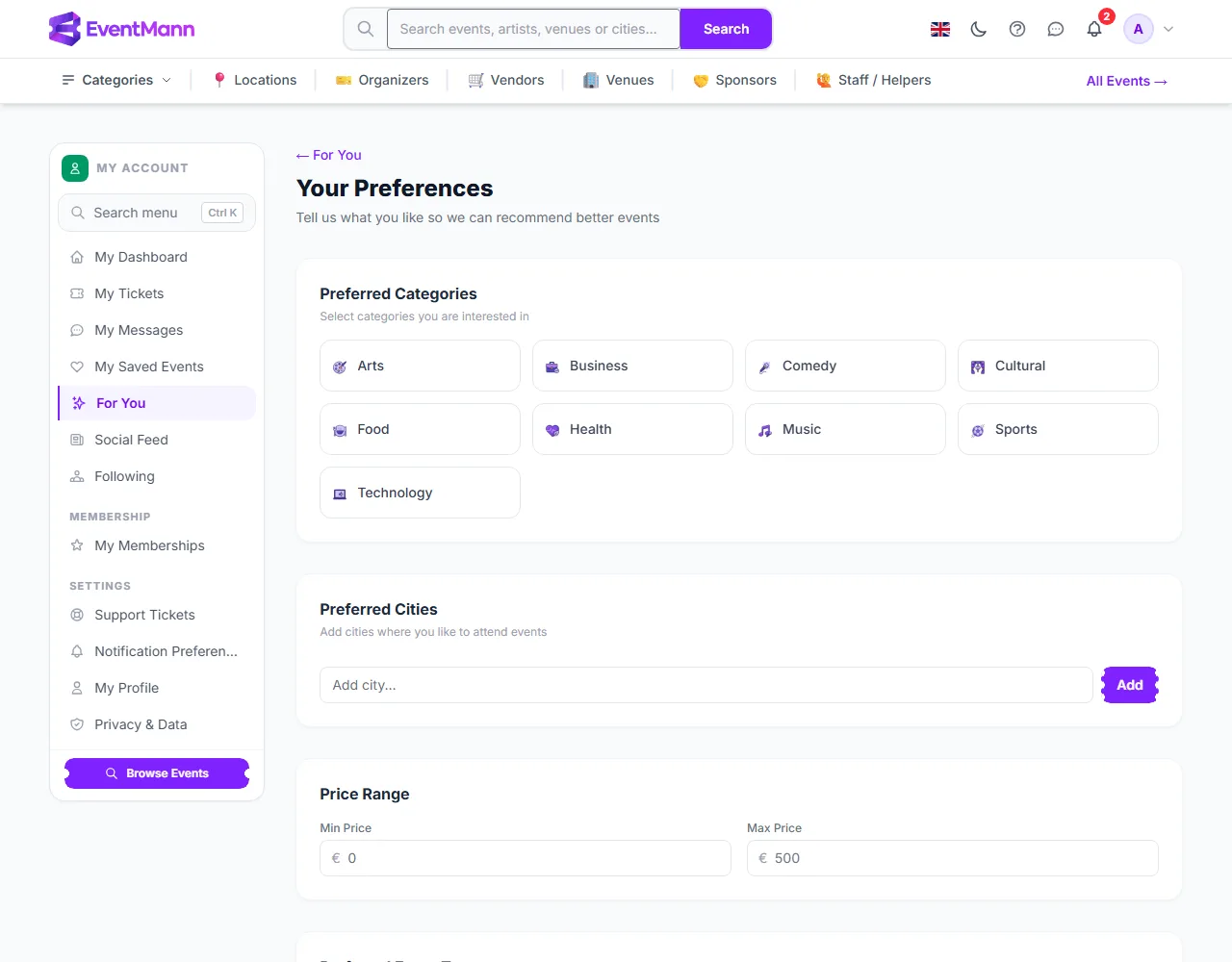 Preferences: categories, cities, price range, event types and days of the week