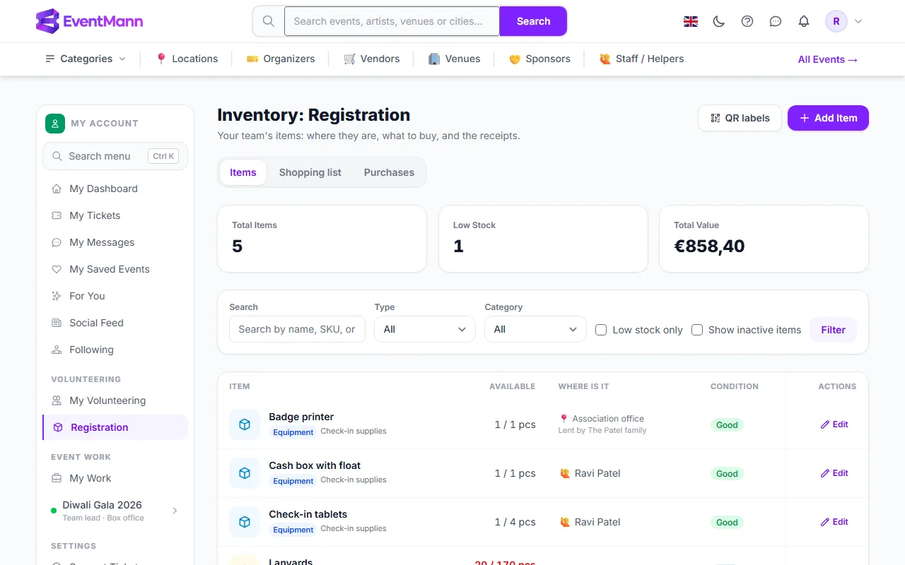 The Registration team’s inventory in a lead’s account
