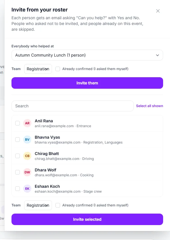 Inviting from the roster into the Registration team, with the option to confirm at once