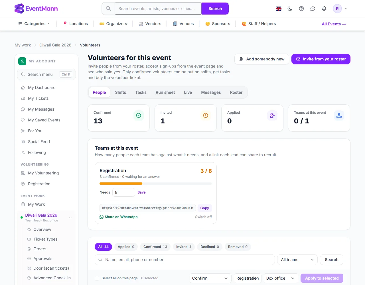 The People page of a team lead: their team, its target and its join link