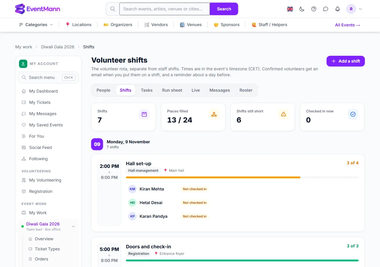 The Shifts page: add a shift, and take people off the shifts of your team