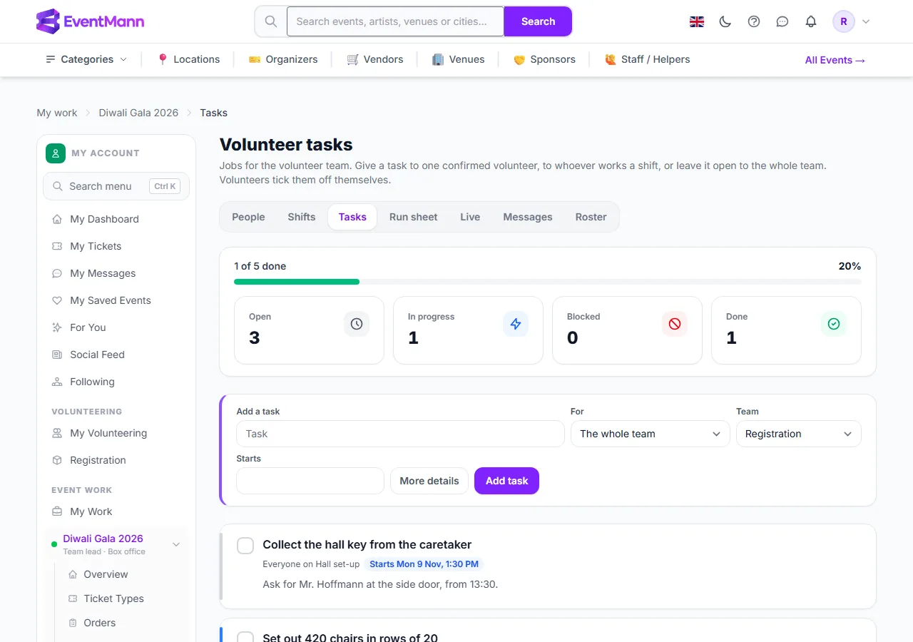 The Tasks page: add a task for your team, and see its checklist and comments