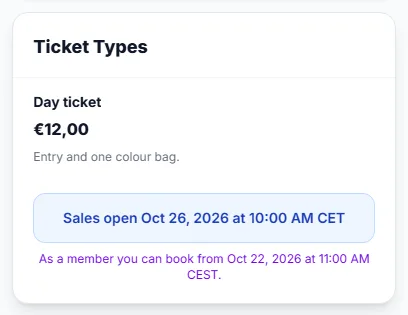 The ticket panel of an event before sales open: the public opening date and the earlier date for members