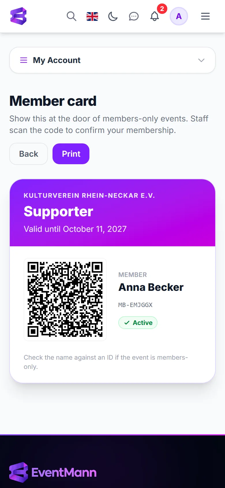 The member card on a phone with the plan, the holder and a QR code