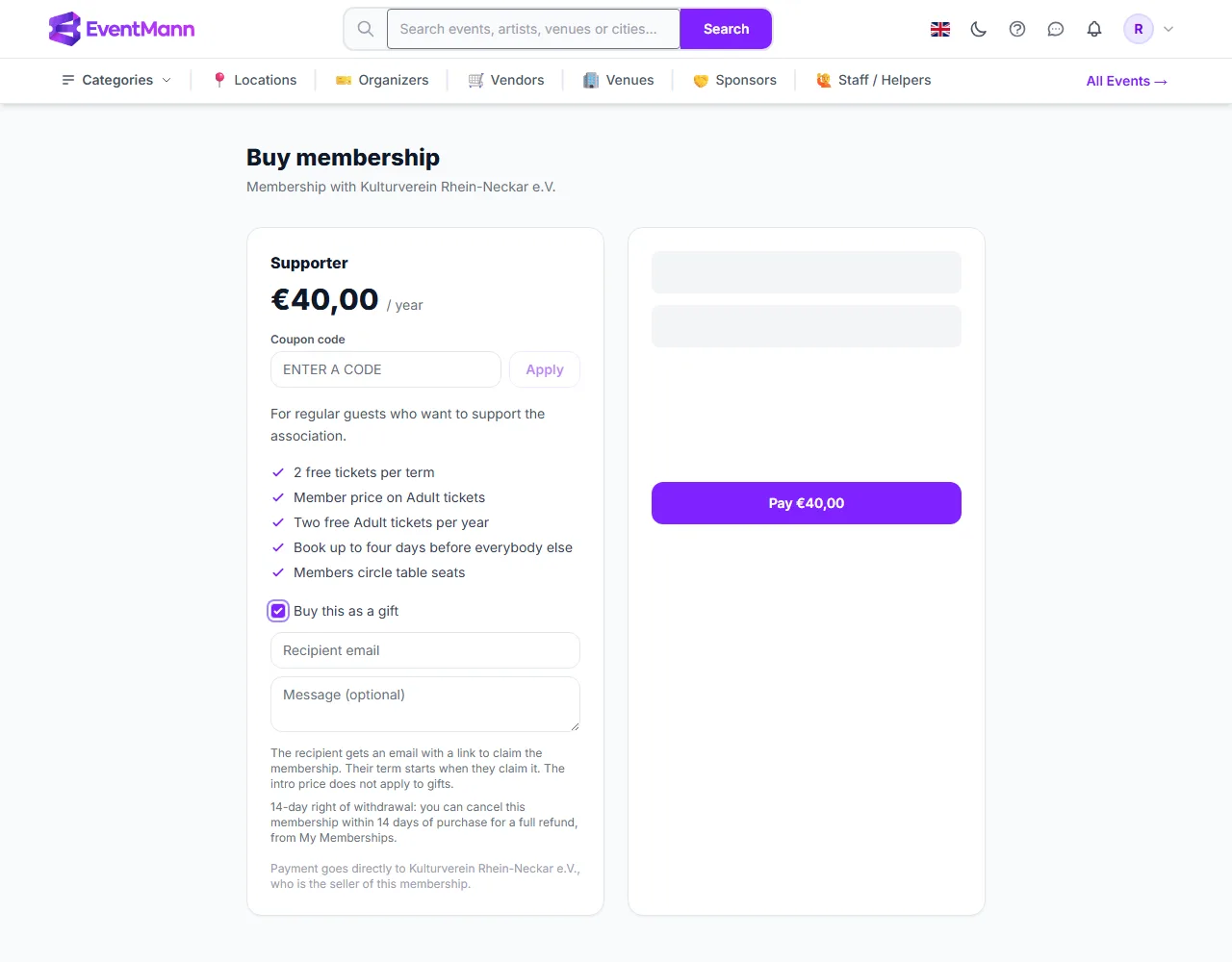 The gift section of the membership checkout with the recipient’s email and a message