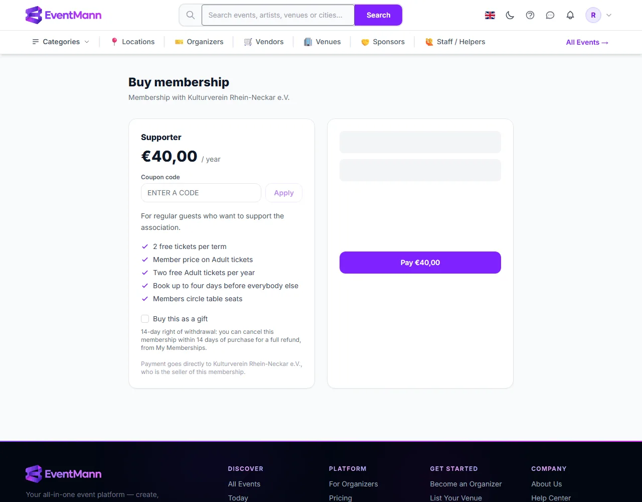 The membership checkout with a coupon field, a gift switch, the withdrawal note and the Pay button