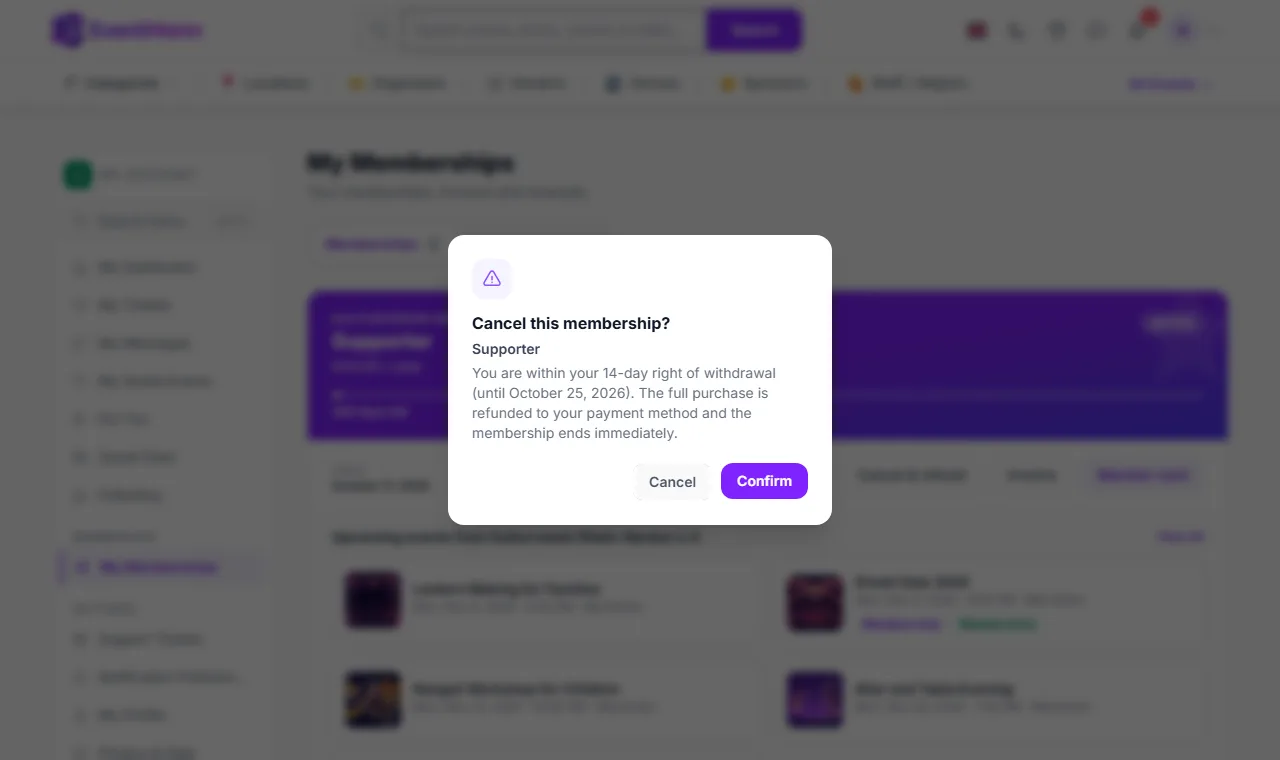 The confirmation dialog for cancelling a membership within 14 days