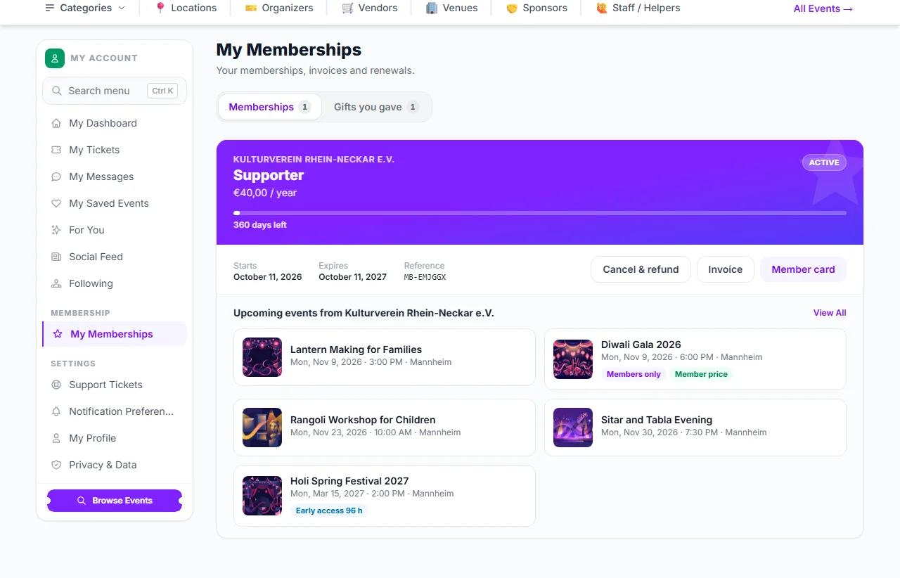 My Memberships with an active Supporter membership, its actions, the organizer’s events and the Gifts you gave tab