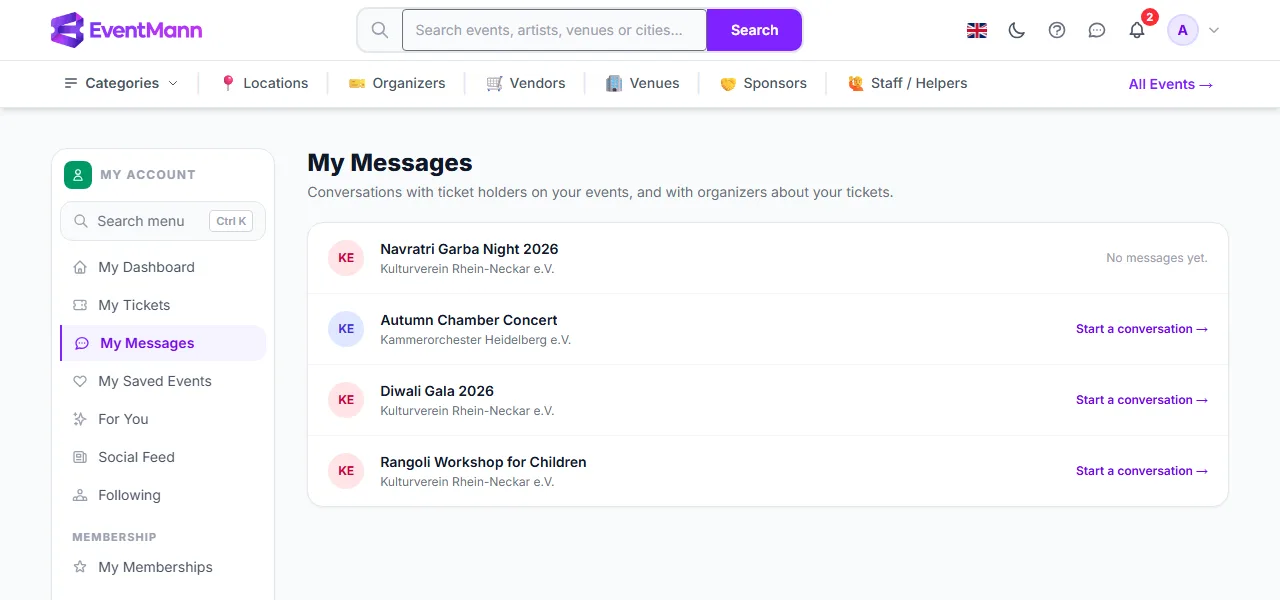My Messages: one row per event you hold a booking for, with a link to start a conversation