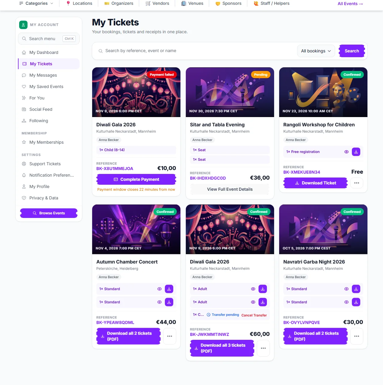 My Tickets with a search box, a status filter and order cards with ticket buttons and a pending transfer