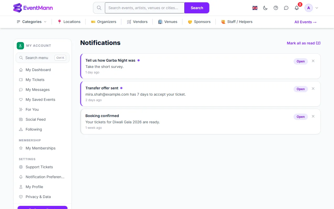 The Notifications page with a Mark all as read action and unread messages
