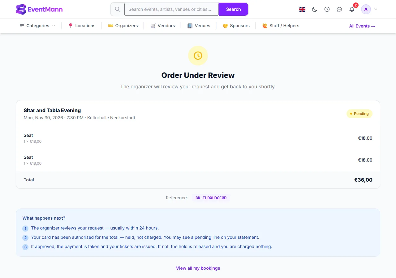 The Order Under Review page: the order, a Pending badge and what happens next