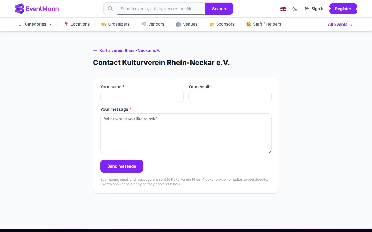 The organizer contact form with name, email and message