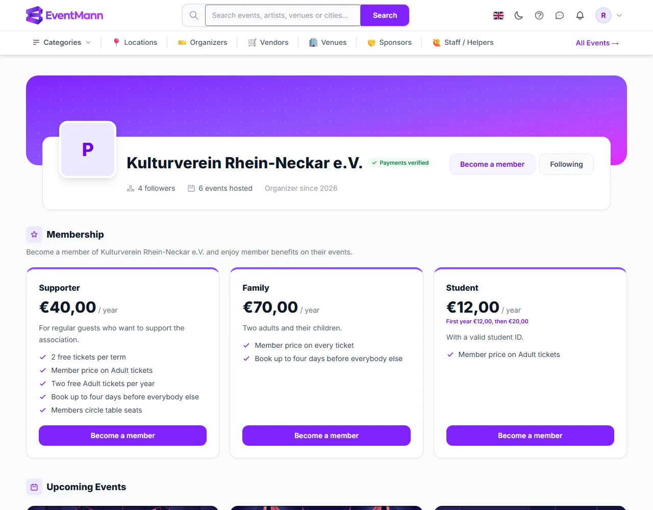The Membership section of an organizer page with three plans, their benefits and Become a member buttons