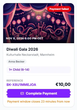 An order with a Complete payment button and the time left to pay