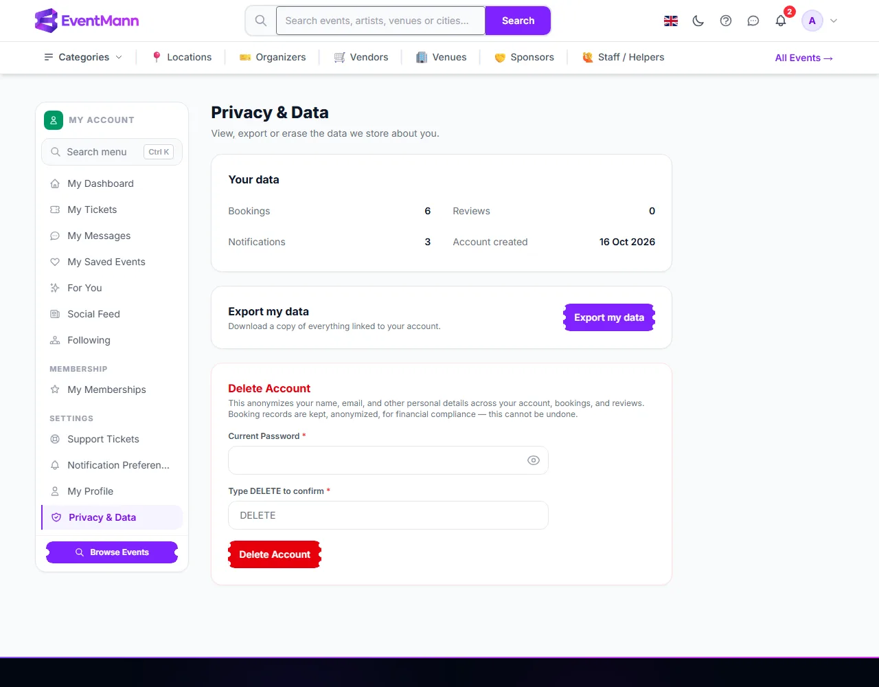 The Privacy & Data page: a summary of your data, the export button and the account deletion form
