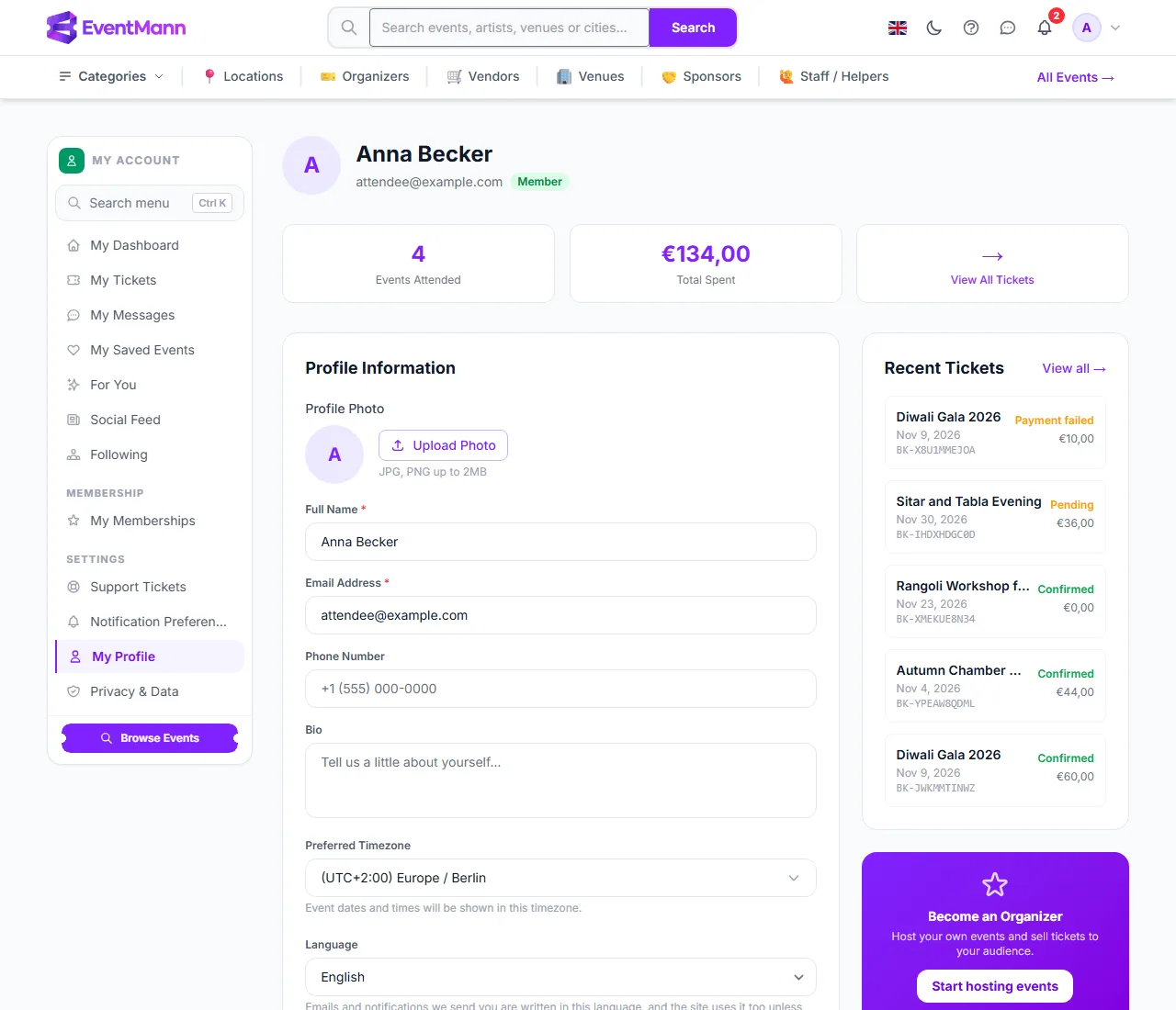 The profile form with photo, name, email, language and Save Changes