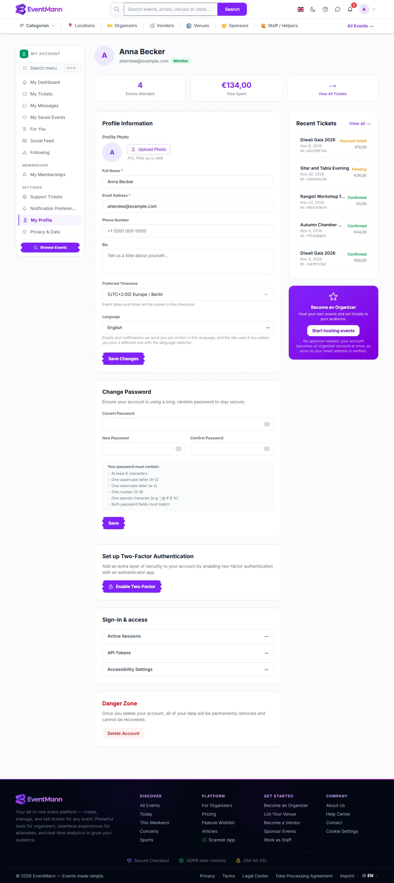 On My Profile: the Change Password form, the two-factor button and the Danger Zone