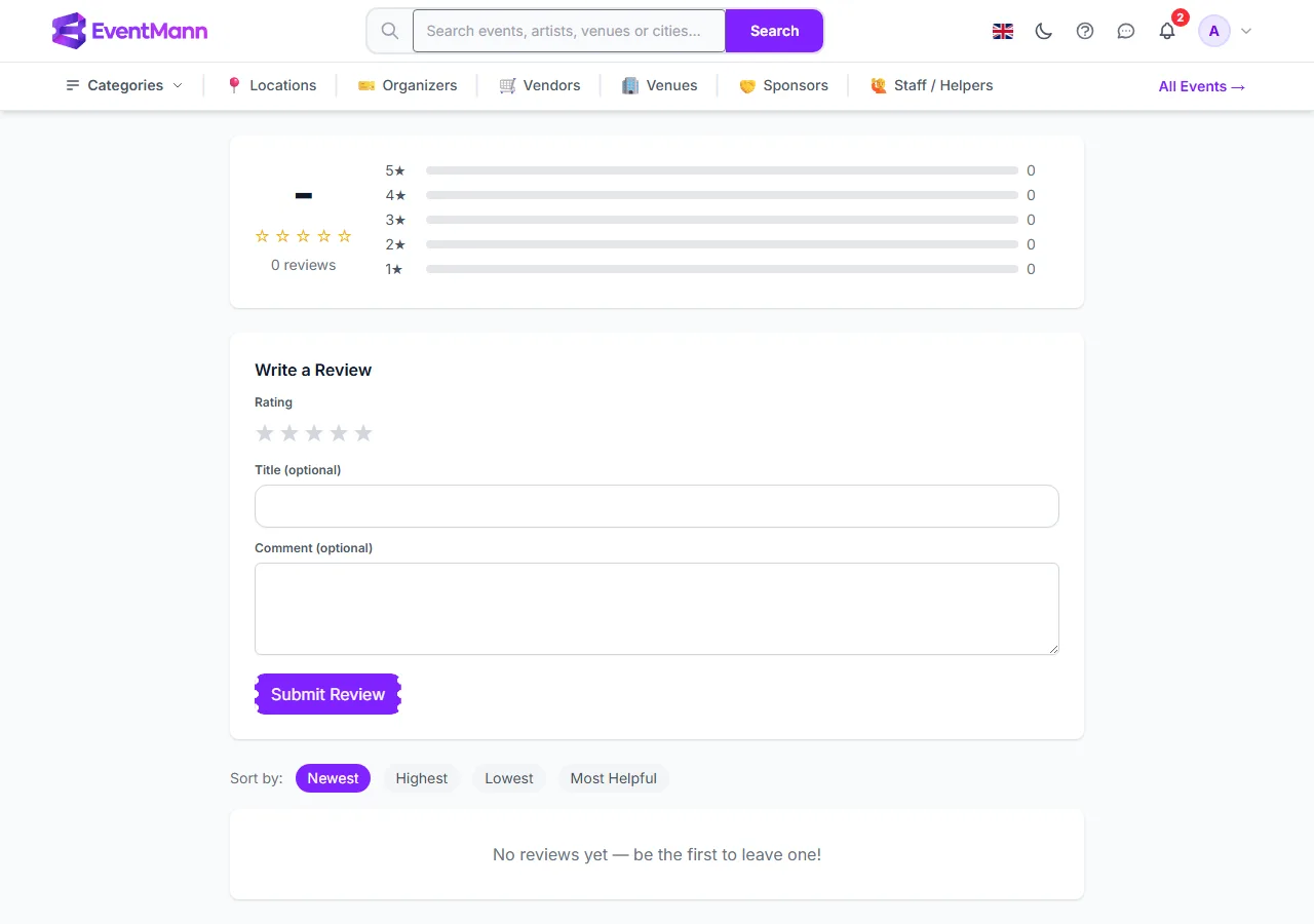 The review page with the rating summary, the Write a Review form and the sort options