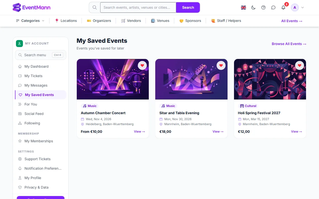 My Saved Events with three saved events, each with a heart to remove it