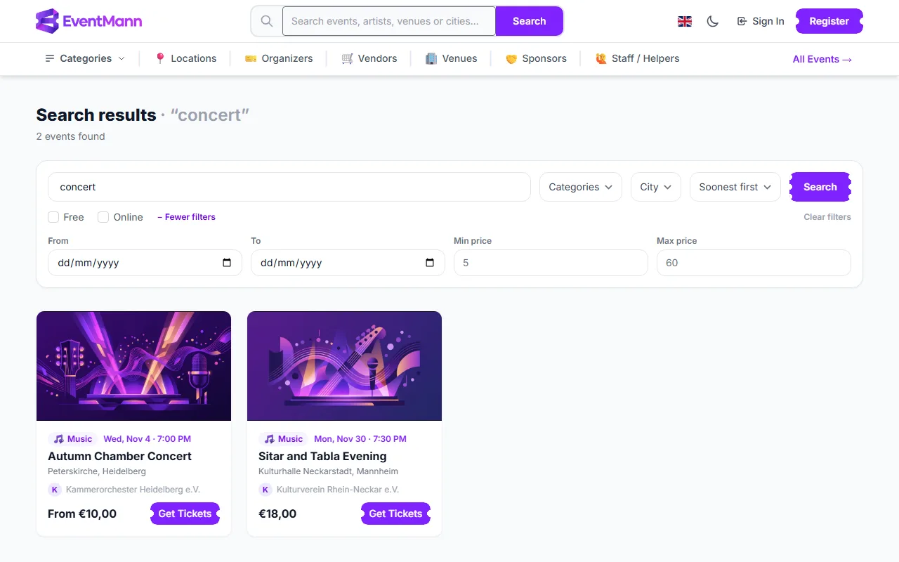 Search results for “concert” with the extra filters open: dates and price range