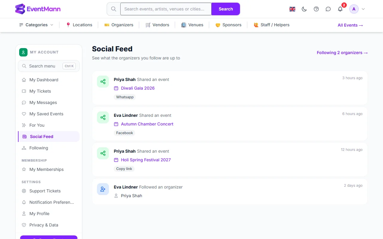 The Social Feed with shared events and a follow from organizers the attendee follows