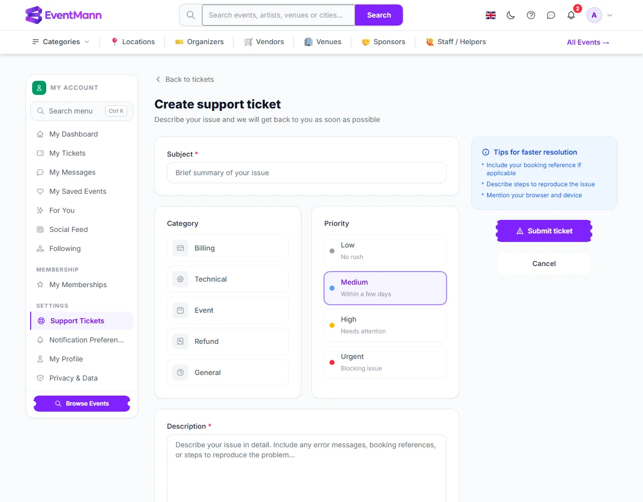 The new support ticket form with subject, category, priority and description