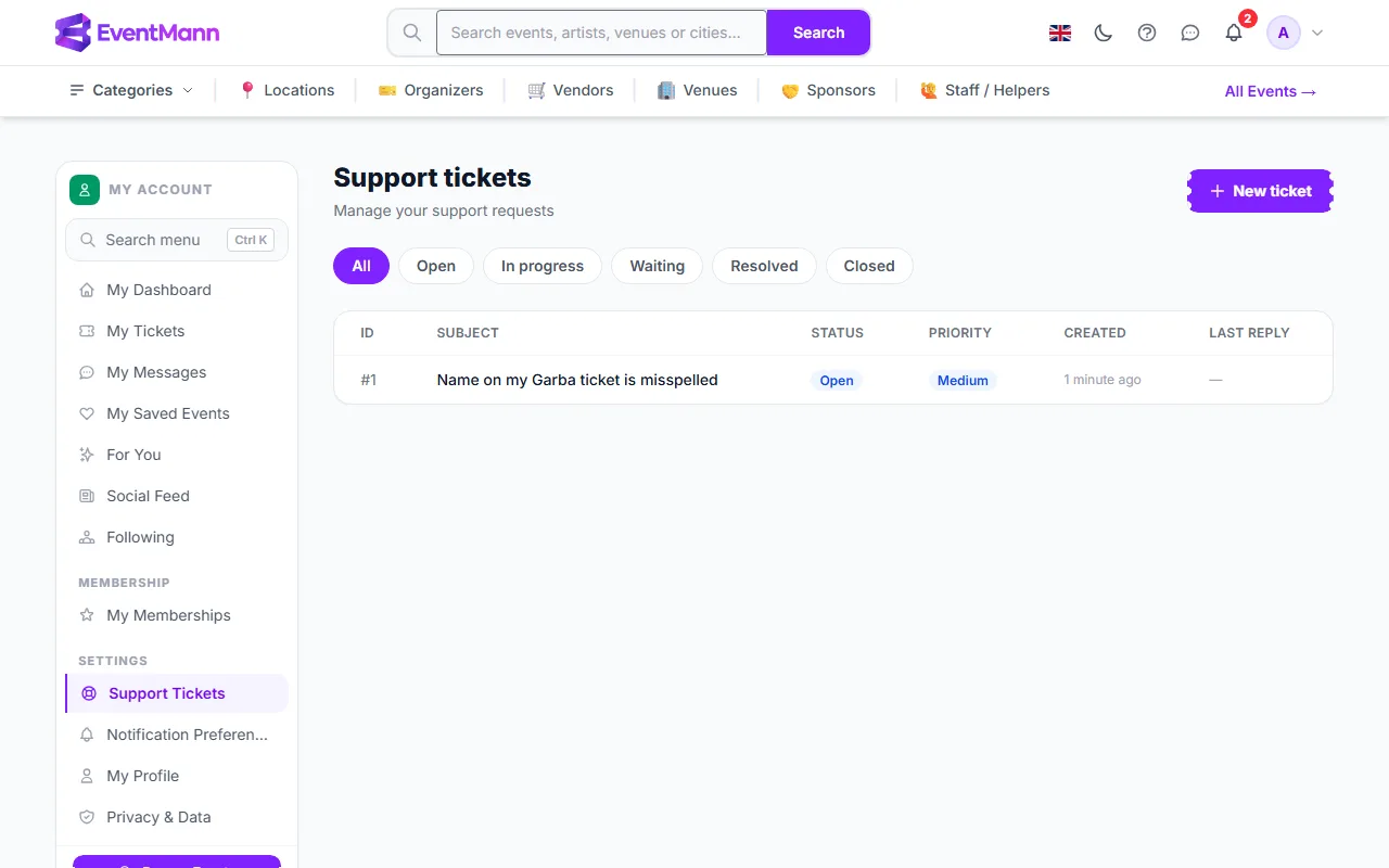 Support tickets with a status filter, a New ticket button and one open ticket