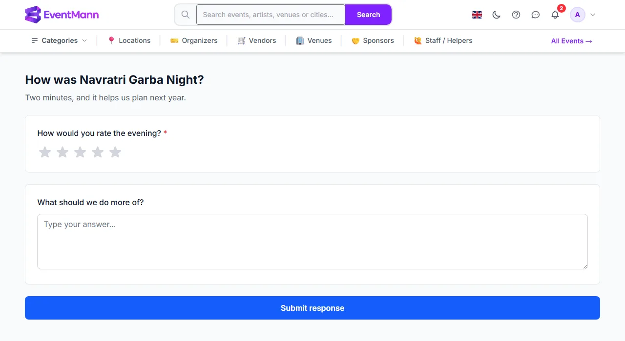 A survey with a required rating question and an optional text question