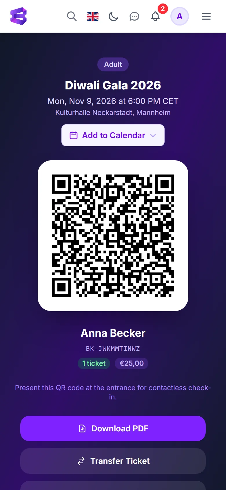 A ticket on a phone with the QR code, the Download PDF button and the Transfer Ticket button