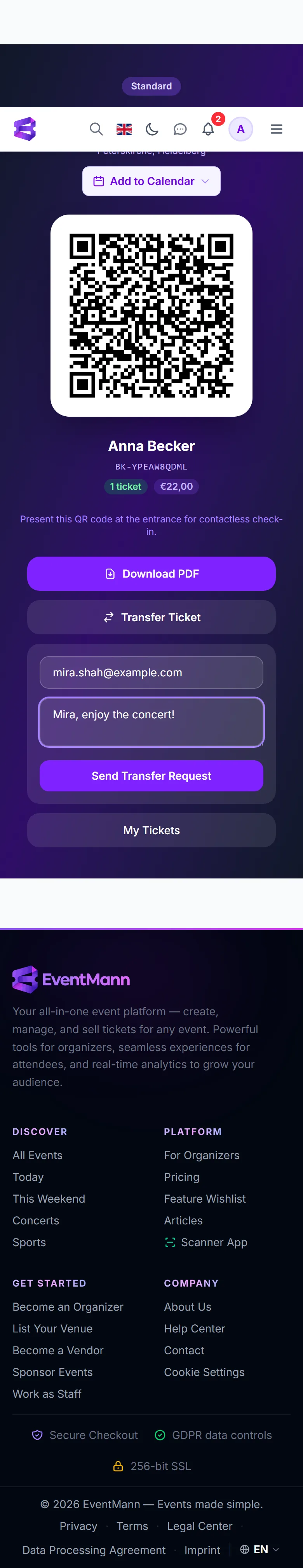 The transfer form on a ticket: recipient email and an optional message