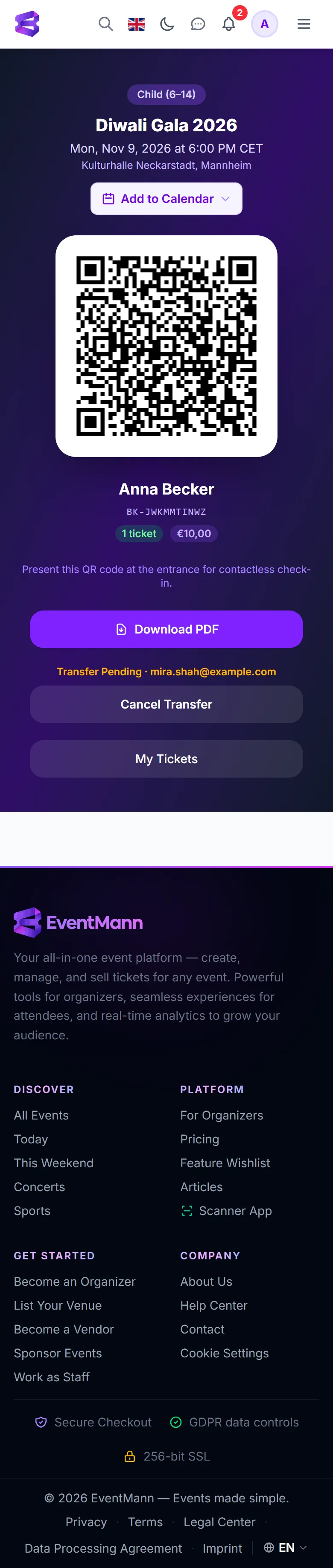 A ticket with a pending transfer and a Cancel Transfer button