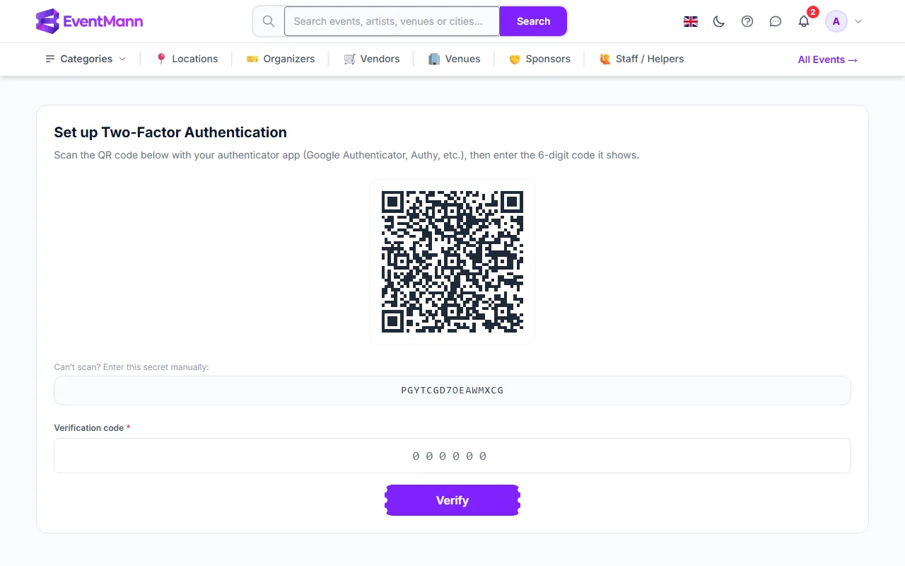 The two-factor setup page with the QR code, the manual secret and the verification code field