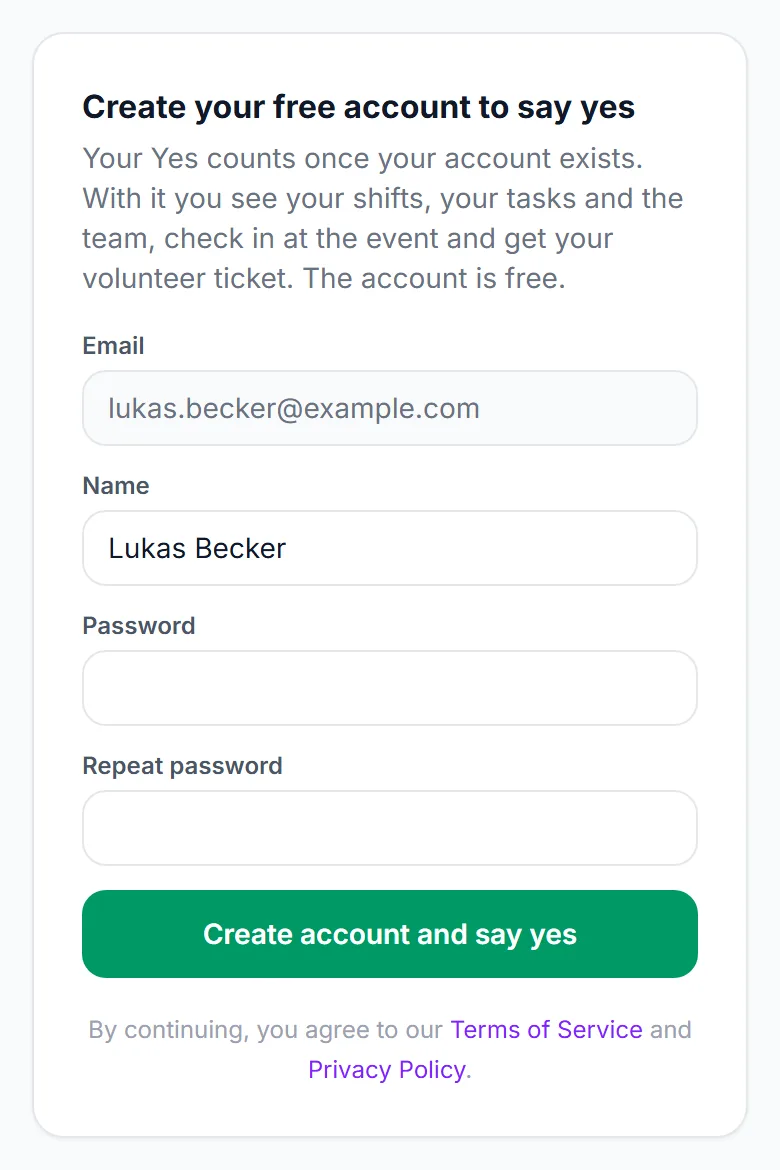 The account form that completes a yes, on a phone