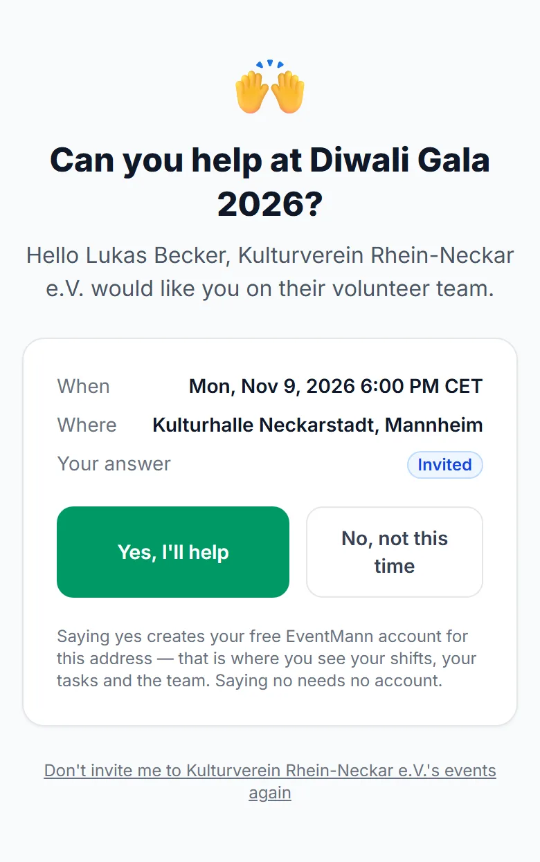 The invitation page on a phone, with the answer buttons, the account note and the opt-out link