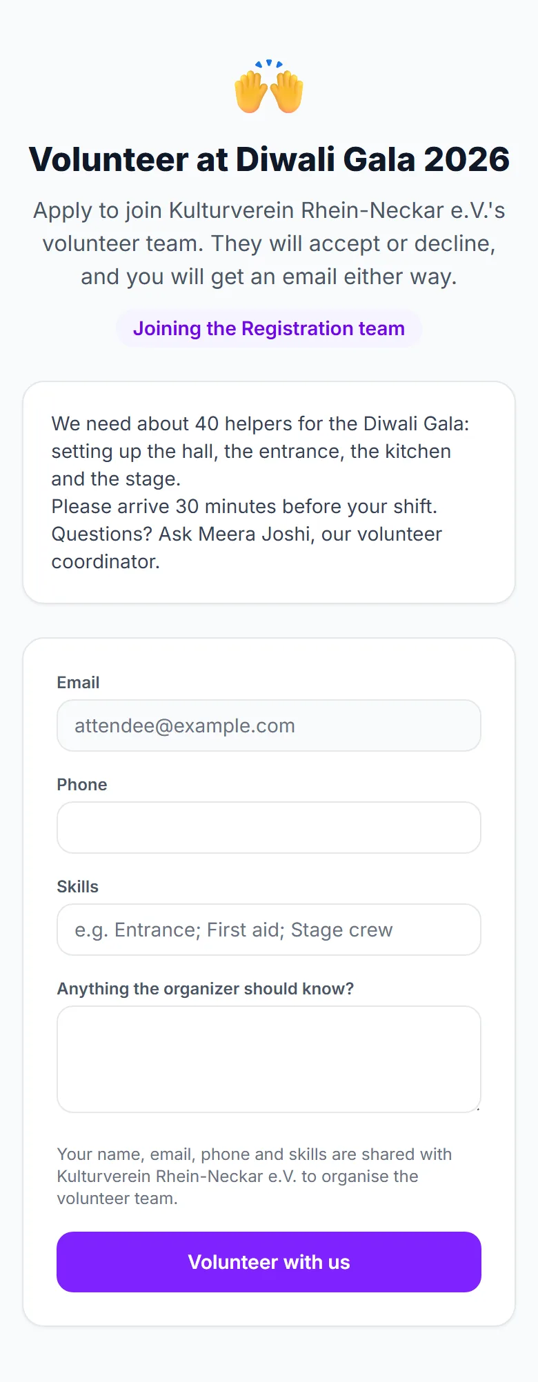The join page for the Registration team, with the team badge