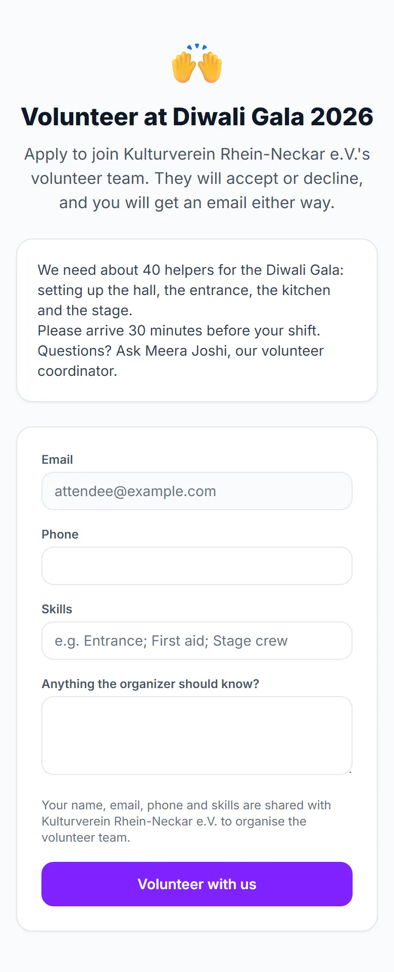 The sign-up form with the organizer’s introduction