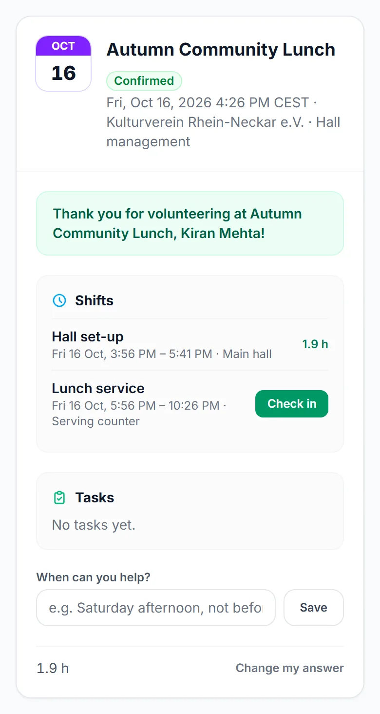 My Volunteering on a phone: today’s event with a finished shift, a shift ready for check-in and your tasks