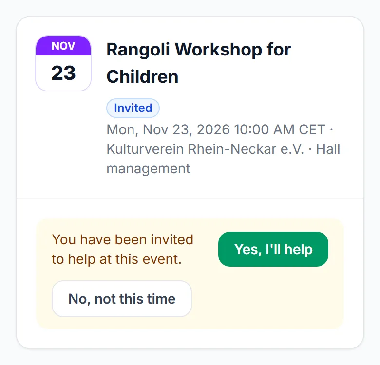 A card for an event you were invited to, with the two answer buttons