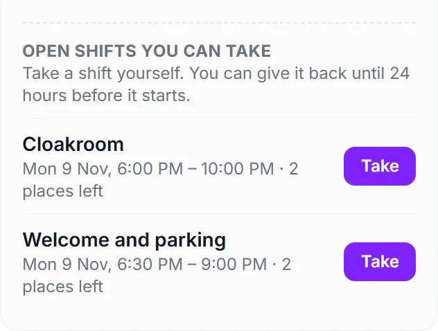 Open shifts you can take, with the places that are left