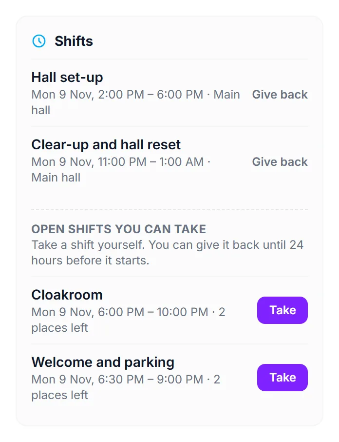 Two shifts of the Diwali Gala, each with a Give back link